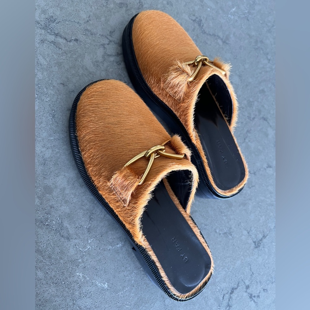 By Far Ponyhair Mules- Orange color 
Round-Toes- Block Heels with Platform.